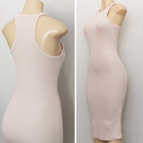 Zara High Neck Sleeveless Midi Dress Stretch Ribbed Knit Bodycon Blush Nude M - Picture 9 of 10